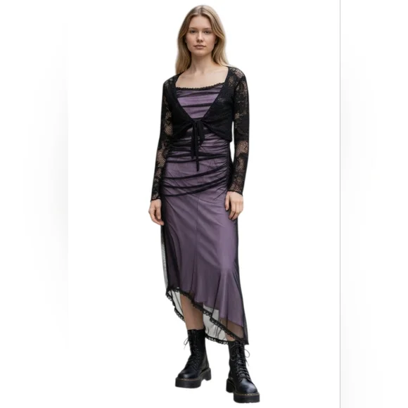 Vintage 90s Whimsigoth Lilac Slip Dress Black Mesh Overlay Asymmetrical Large - Picture 2 of 15